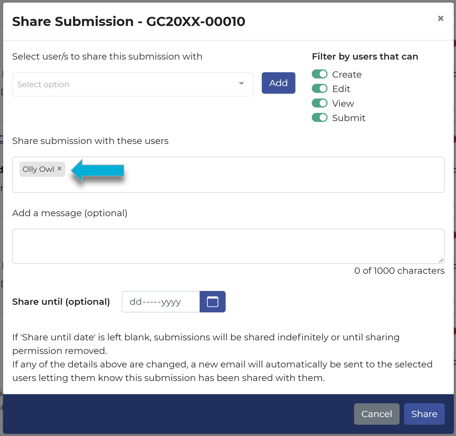The Share window that points to the user listed under 'Share submission with these users'.