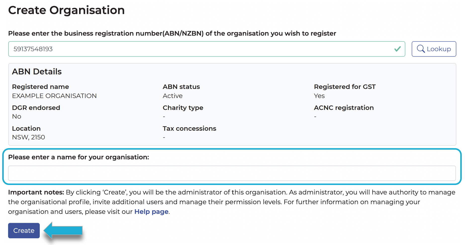 Highlighting the Organisation Name field and create button