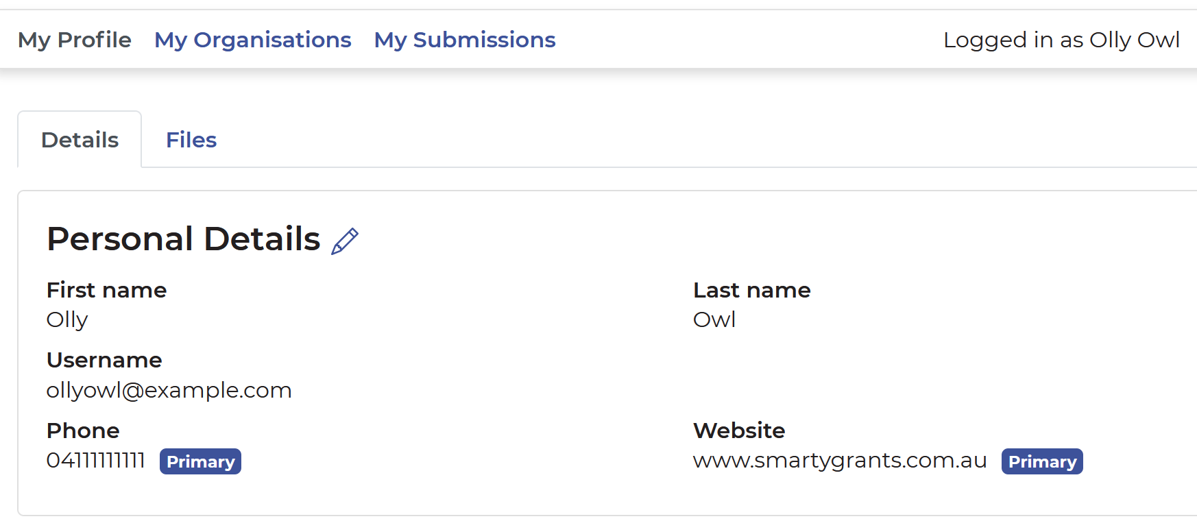 My Profile page that shows the Personal Details tab