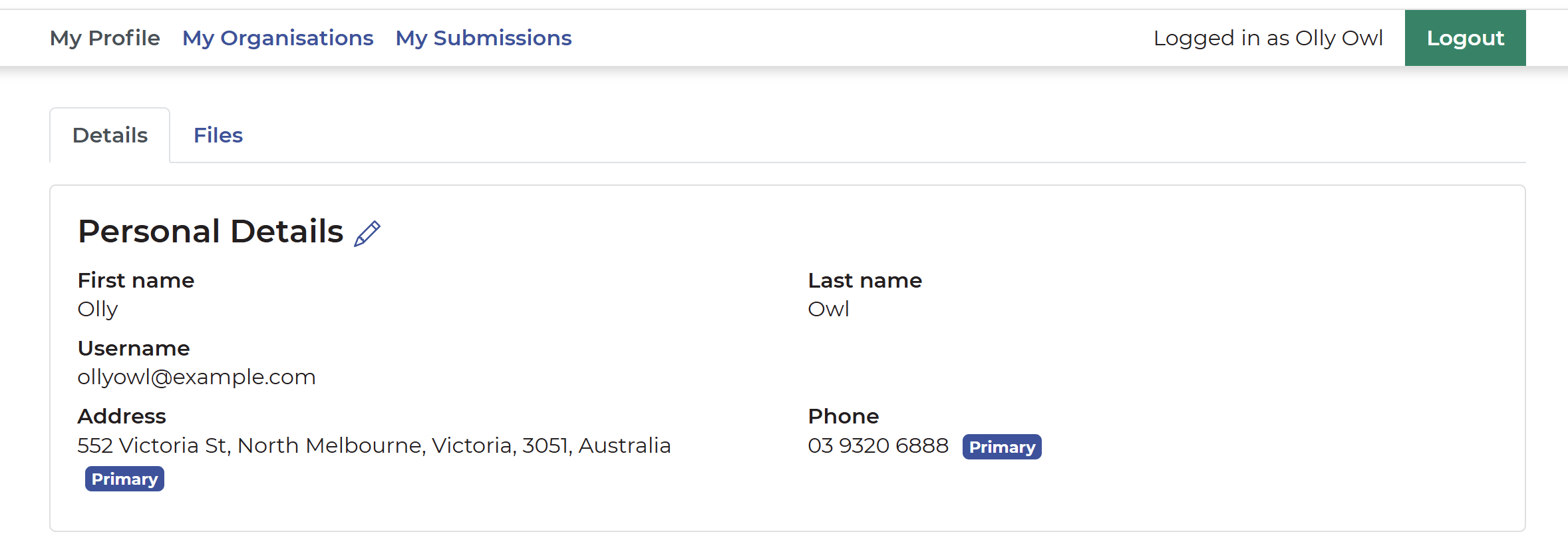 My Profile page that shows the Details tab