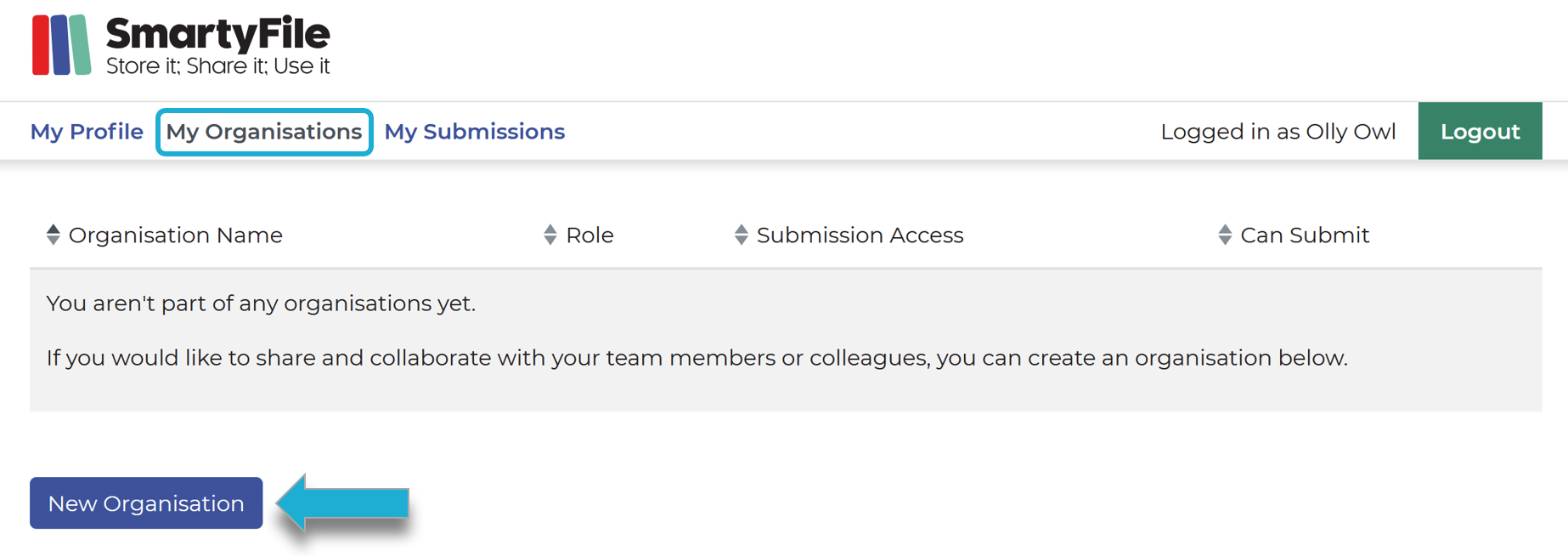 My Organisations page with an arrow pointing to New Organisations button