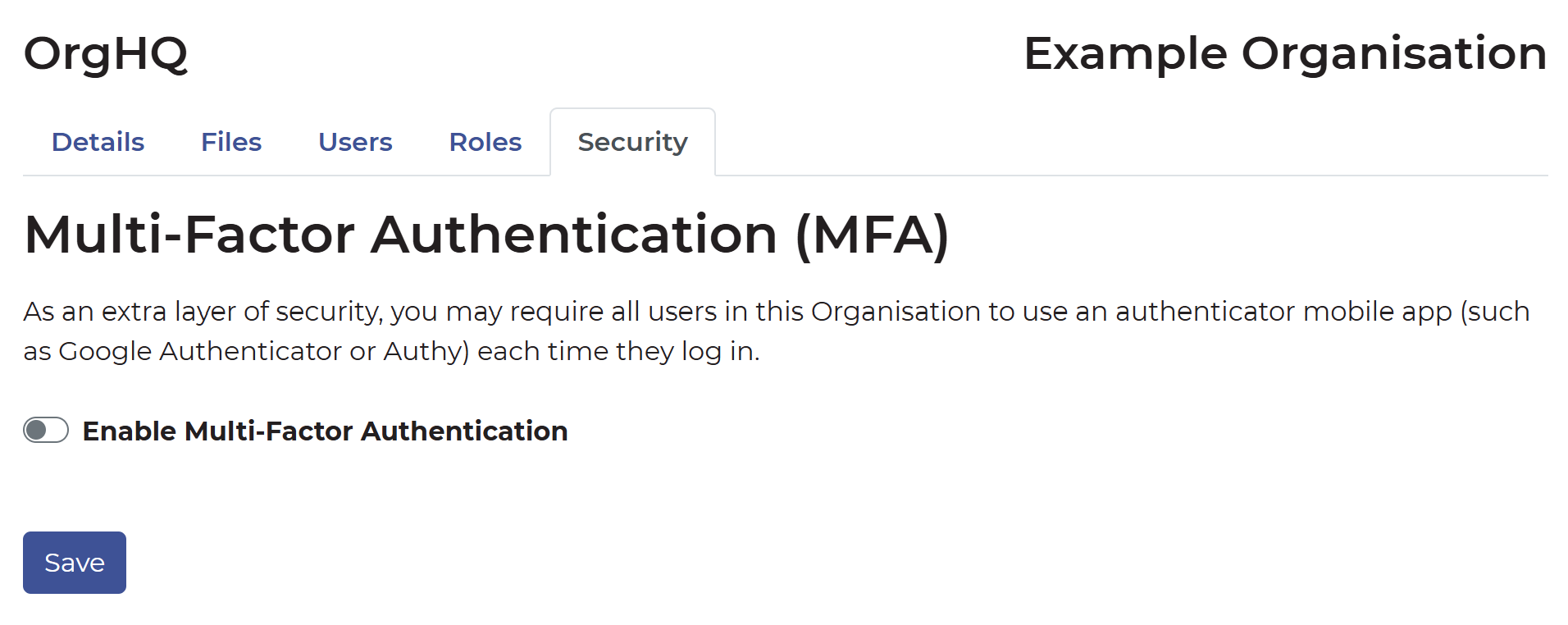 Screen shows the Multi-Factor Authentication (MFA) screen under the Security tab in OrgHQ