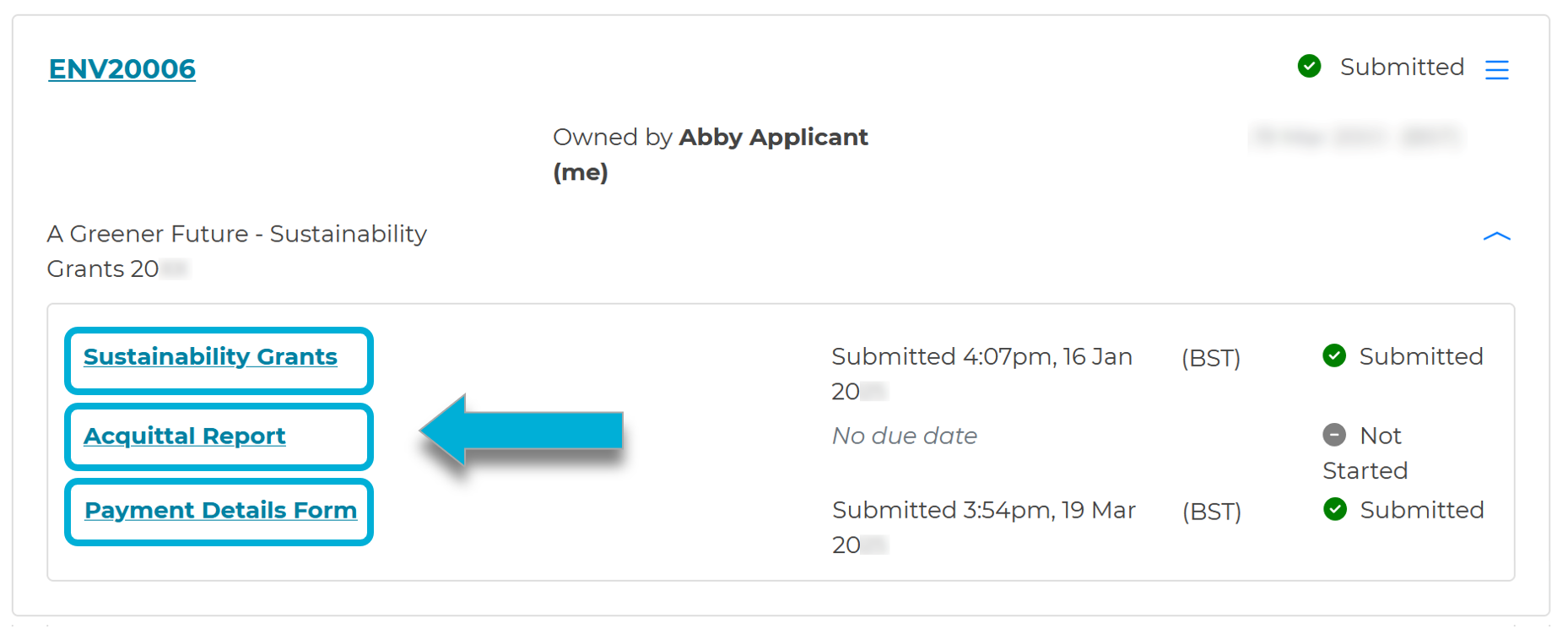 An example screenshot of the My Submissions page. An Application record has been expanded, and the drop-down window shows a list of forms for that application (all have been highlighted).