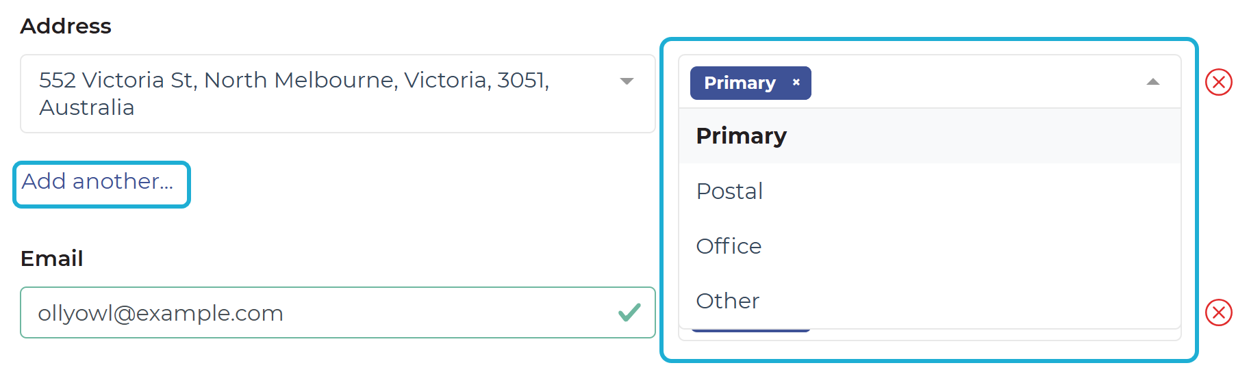 Highlighting the 'Add another' link and the dropdown menu for the category of the contact field