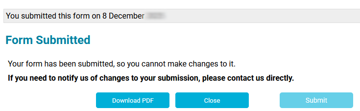 image shows a Form Submitted screen, explaining no further changes can be made.
