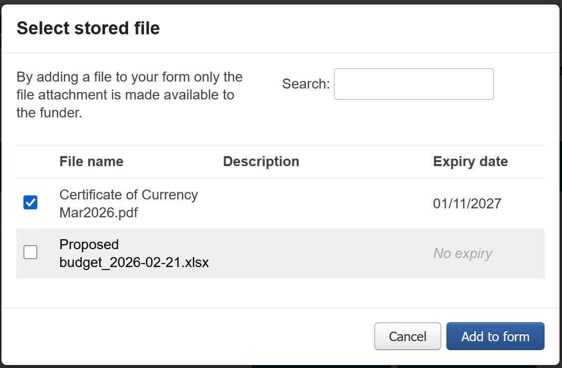 Image shows example files that have been uploaded and that can be selected
