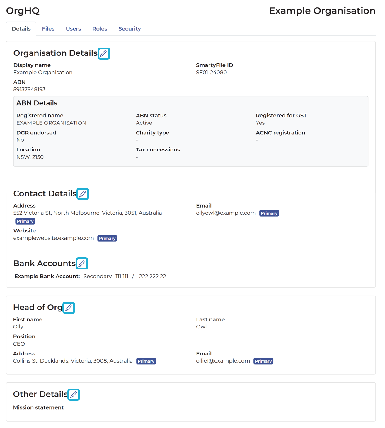 Highlighting the pencil icon next to the editable fields on the OrgHQ page