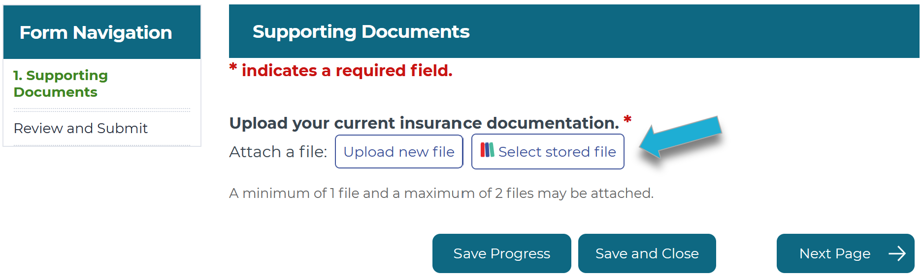 Highlighting the 'Select stored file' button on a form